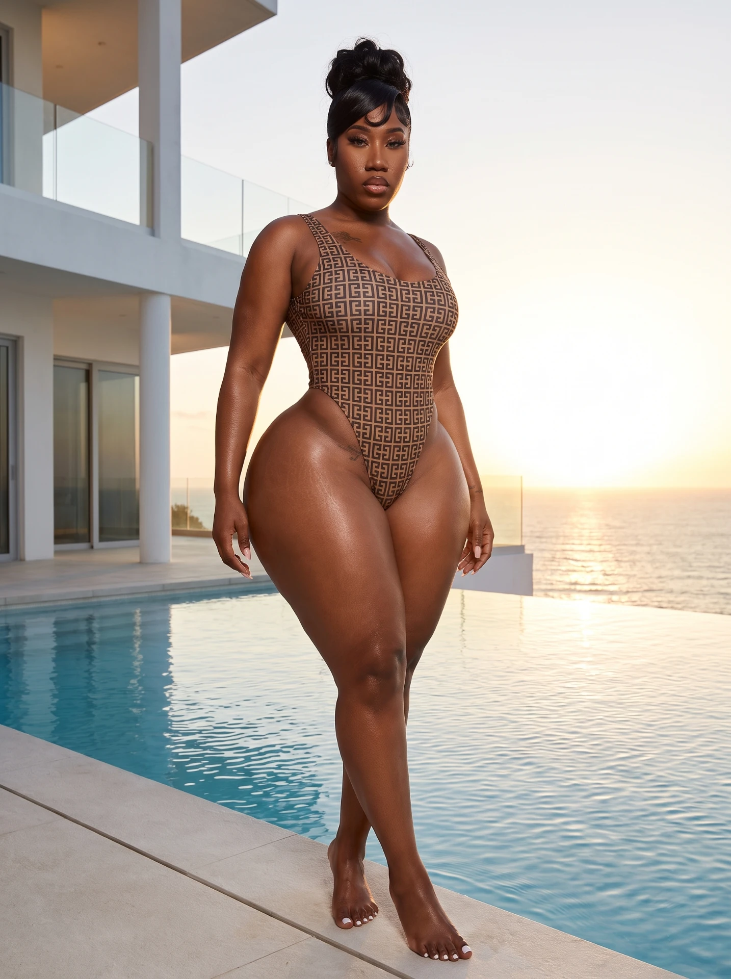 Hyper-realistic AI created character poolside in editorial swimwear