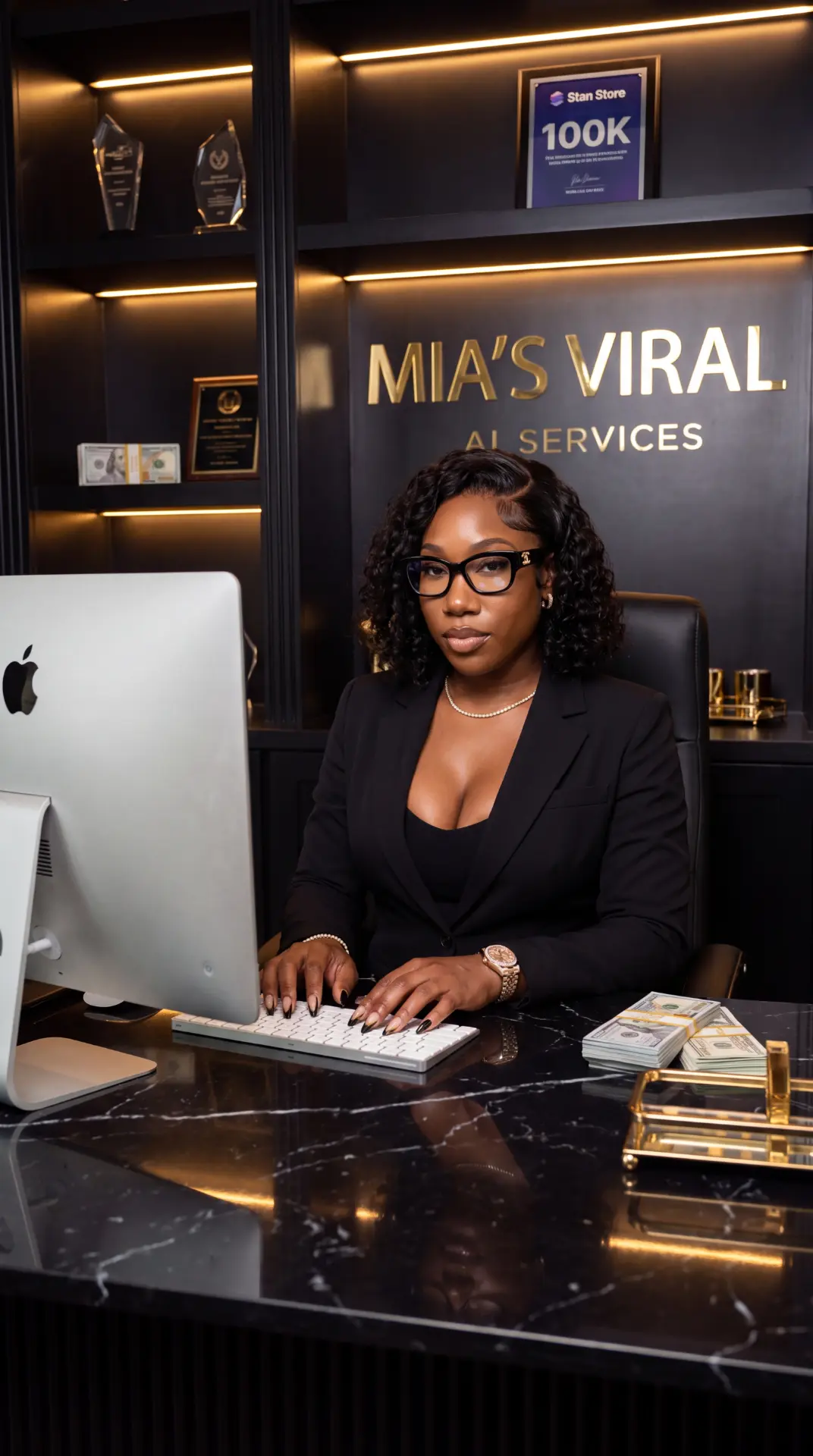 Mia at her desk